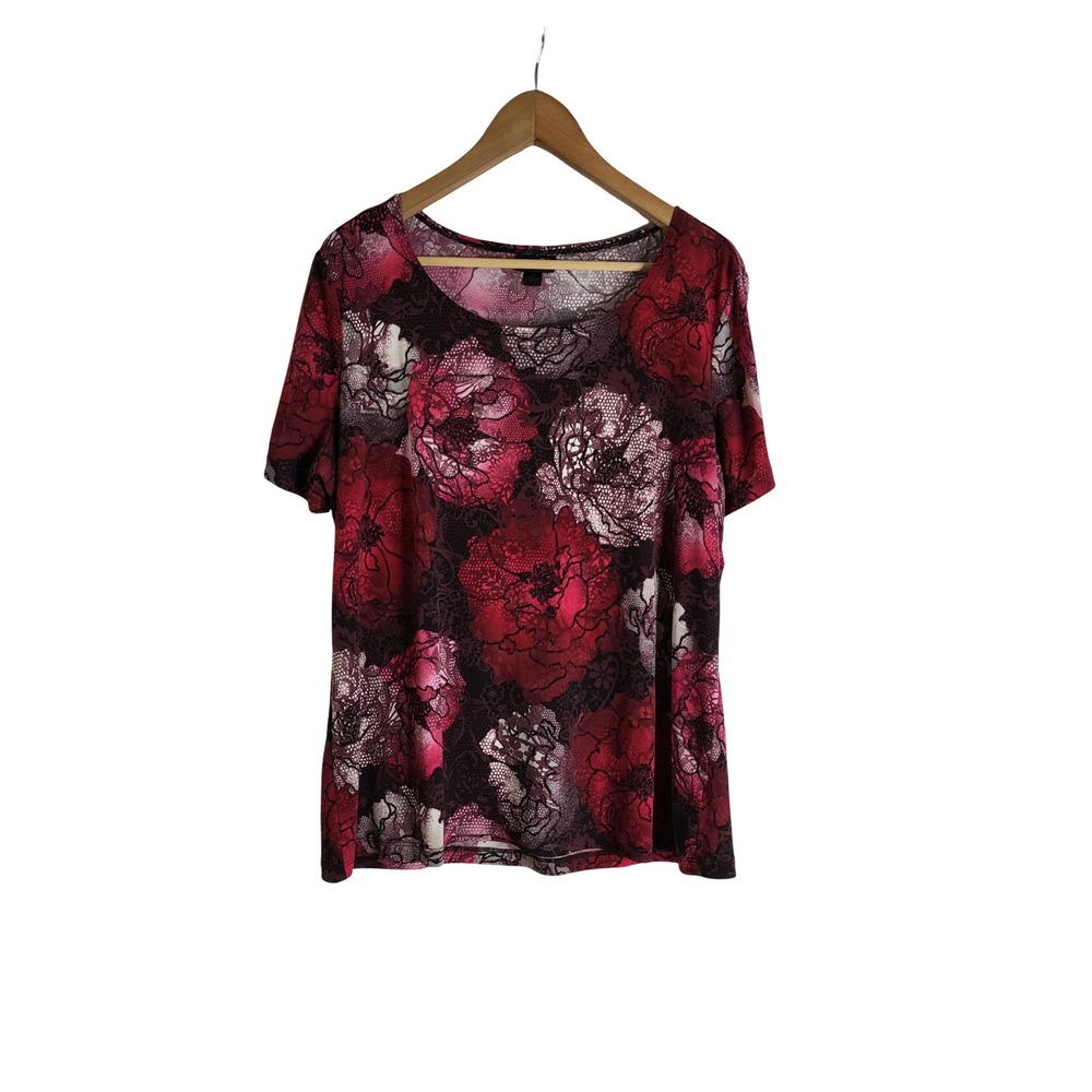 East 5th Essentials Womens XL Red Floral Lace Print Short Sleeve Top Blouse